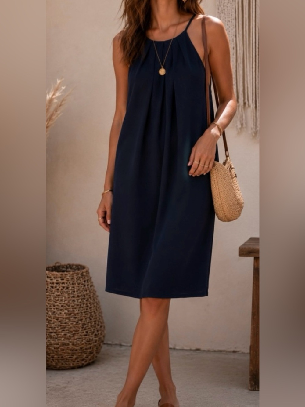 Sleeveless Navy Halter Midi Dress - Women's Summer Dress